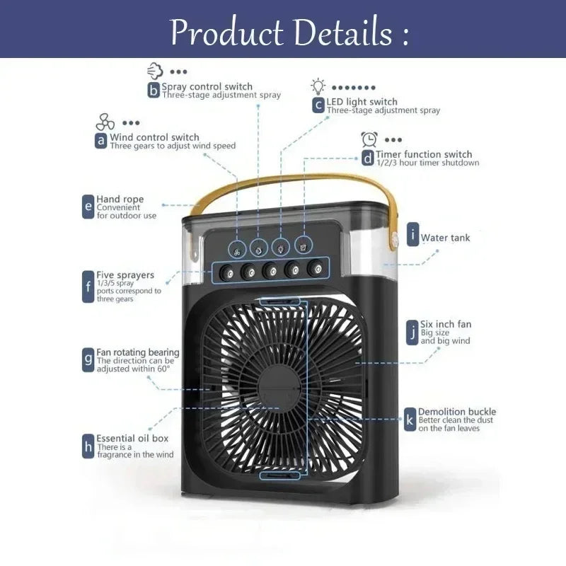 3-in-1 Portable Air Conditioner and Humidifier with LED Night Light and Adjustable Fan for Home and Office Use
